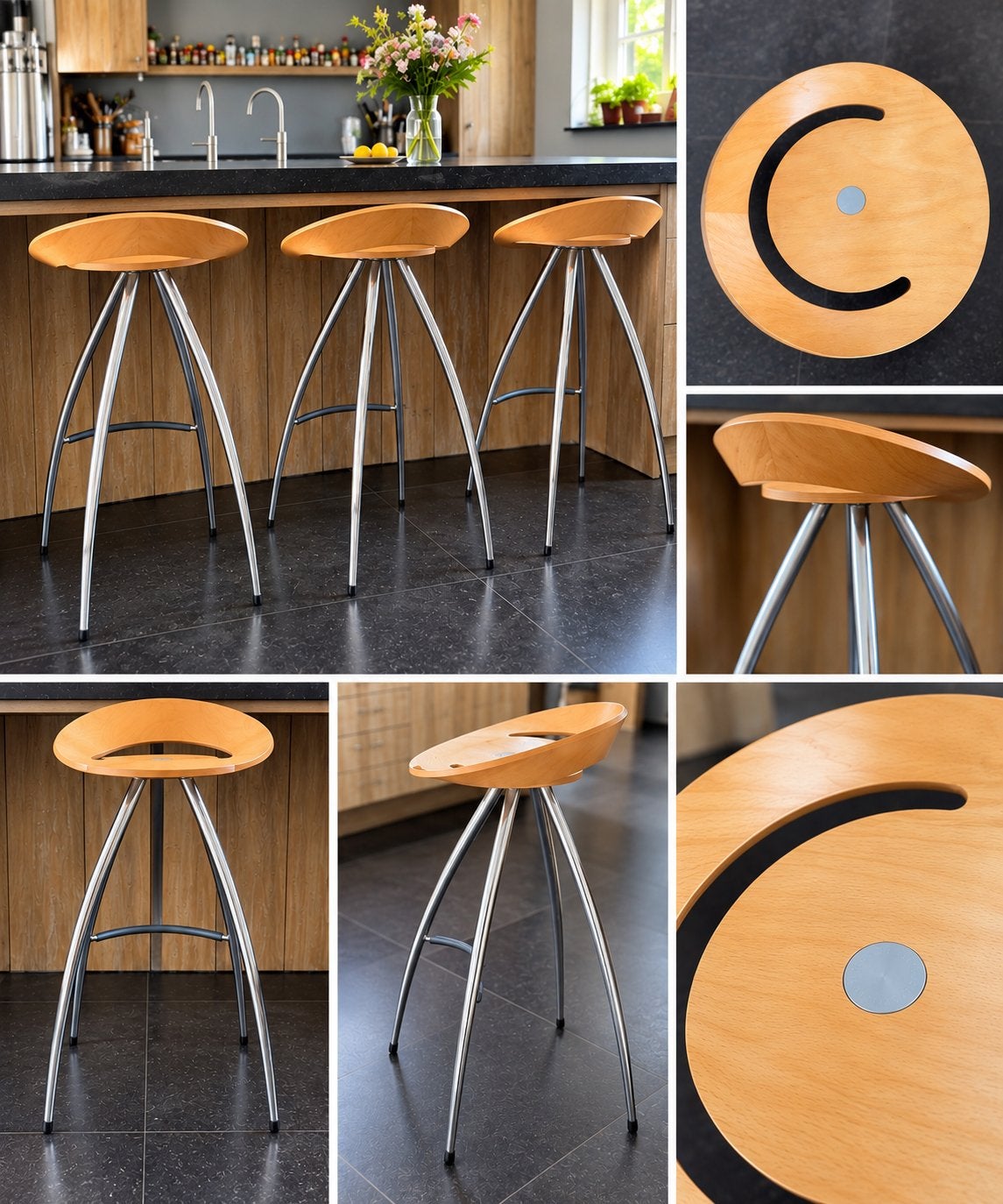 3x Magis Lyra barkruk – hoog – hout/chroom designklassieker