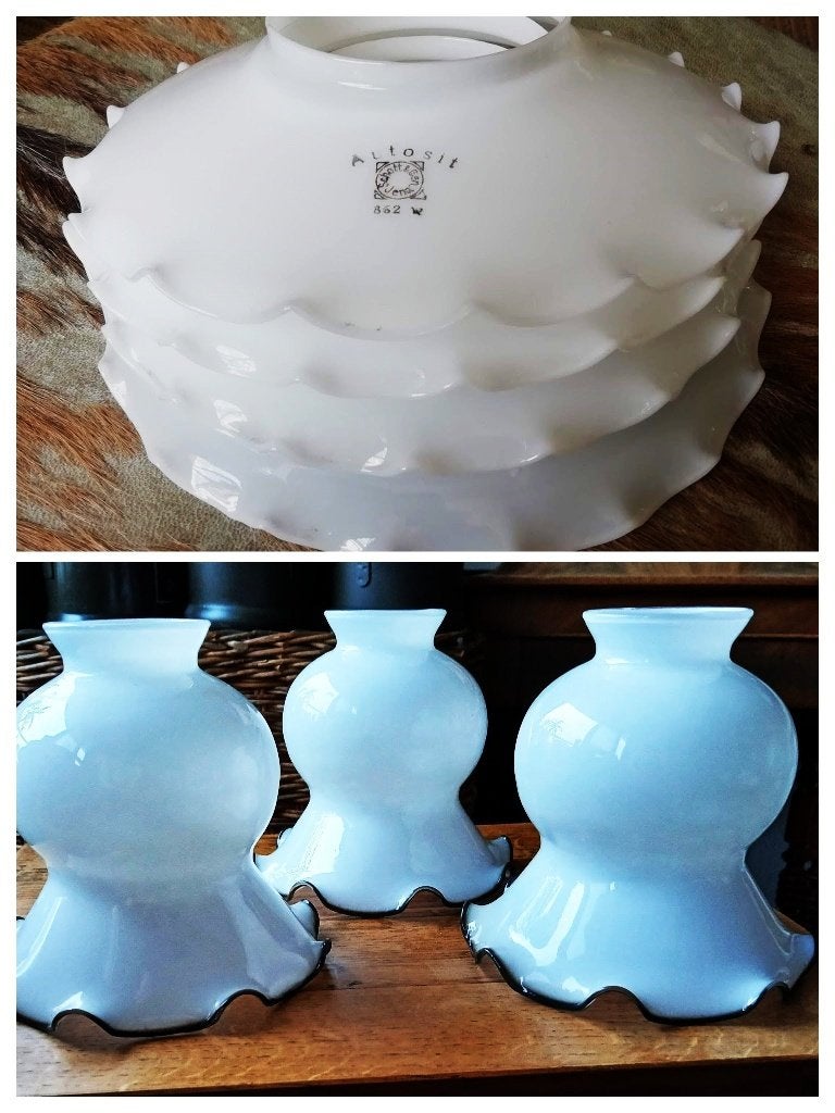 Melkglazen opaline kapjes lampenkapje creme en wit Schott, Ophalen of Verzenden