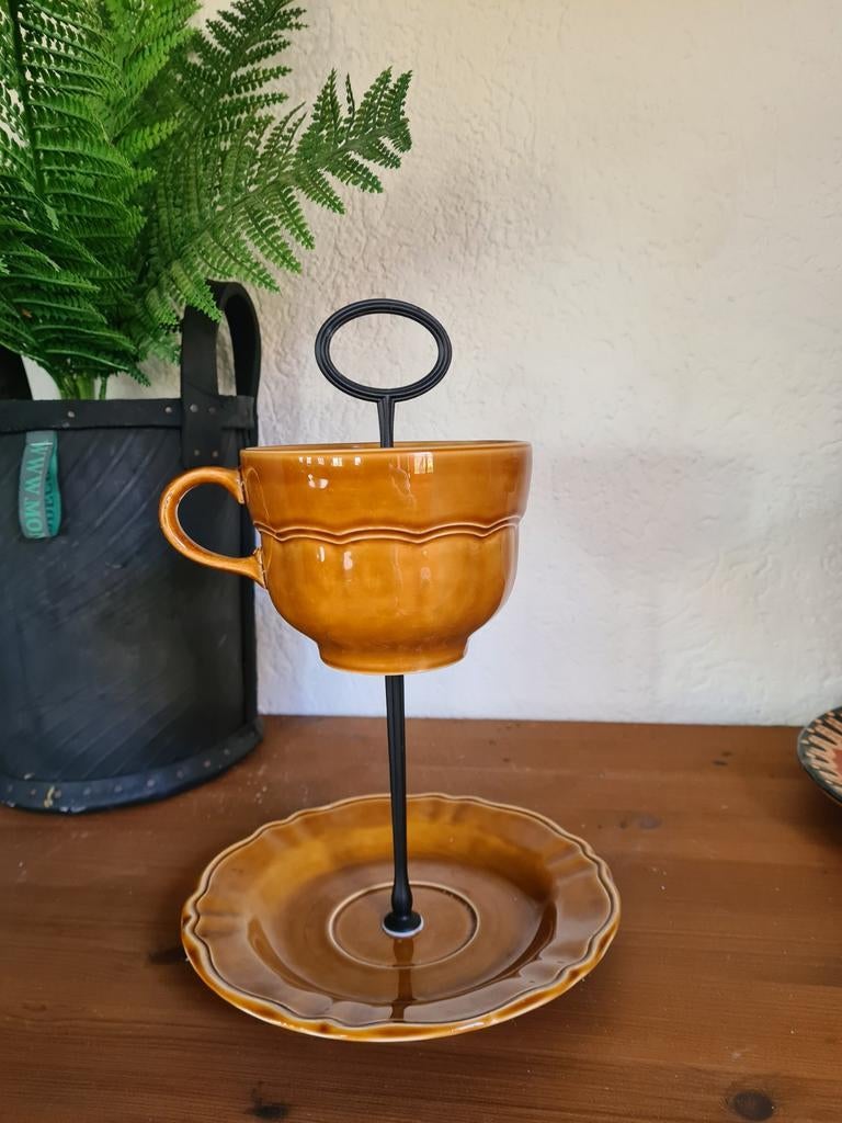 Unieke etagère vintage aardewerk serviesgoed retro 70 oker, Huis en Inrichting, Ophalen of Verzenden, Zo goed als nieuw