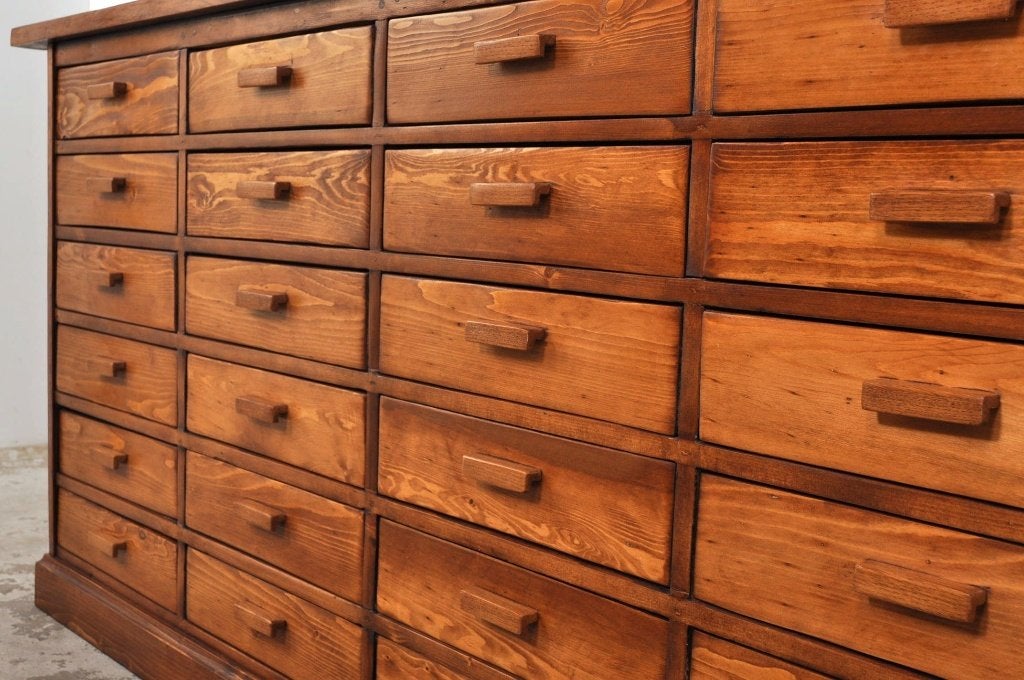 Vintage ladekast pitch pine notenhout 24 laden jaren 50, Gebruikt, 5 laden of meer, Ophalen of Verzenden, 200 cm of meer