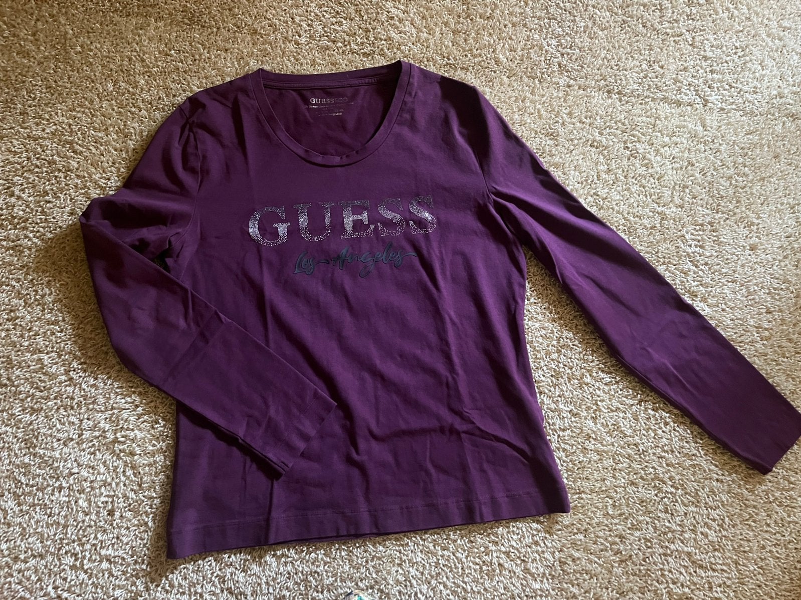 Guess shirt/longsleeve aubergine paars/burgundy strass mt. L, Kleding | Dames, Paars, Maat 42/44 (L), Ophalen of Verzenden, Zo goed als nieuw