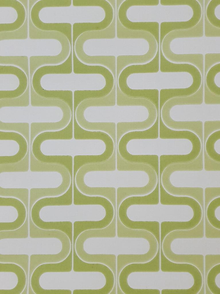 13690 Vintage grafisch behang in groen en wit uit 70s swiet, Verzenden, Wit