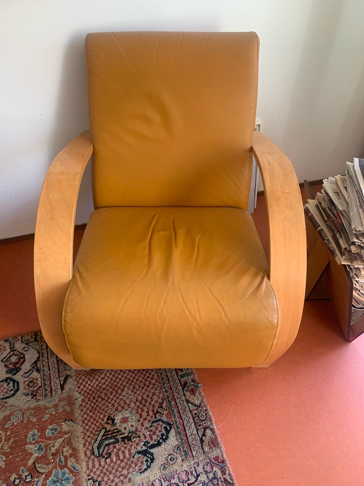 Vintage Leren Fauteuil - Okergeel, Huis en Inrichting, Ophalen, Gebruikt, 75 tot 100 cm, 50 tot 75 cm