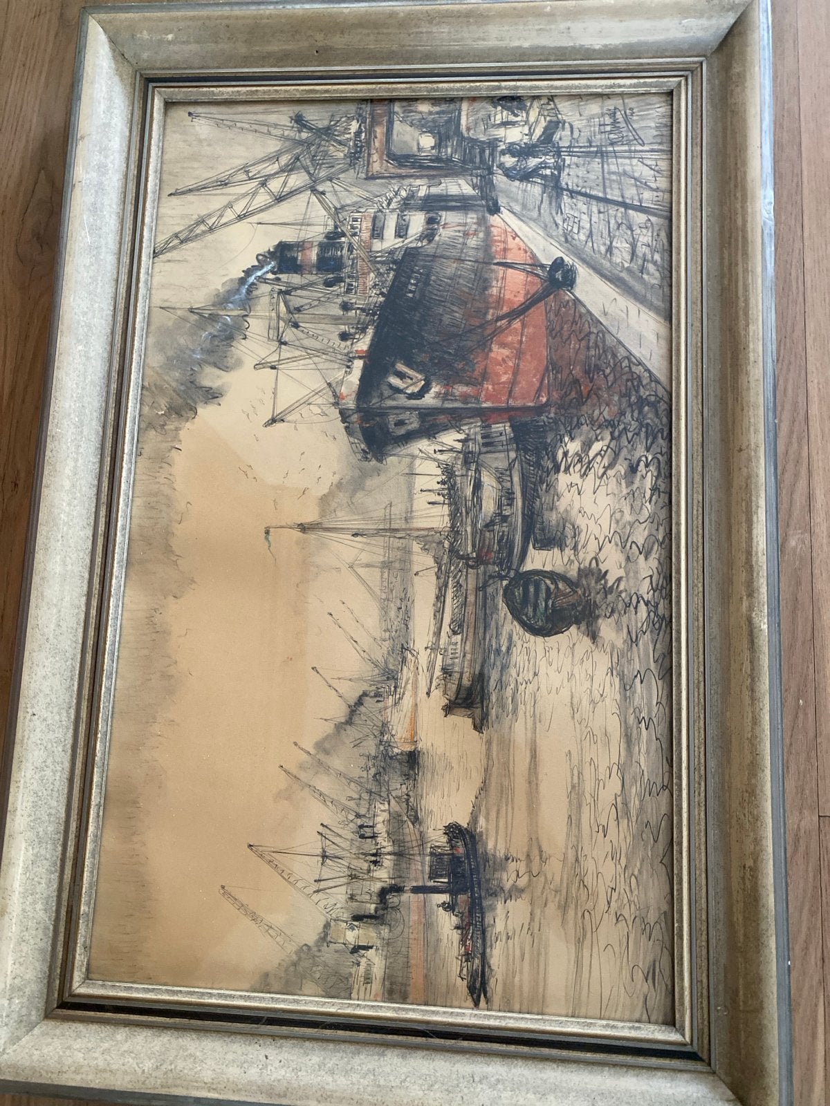 Prachtige Krijttekening Rotterdamse Haven uit 1940 - 87x57cm, Antiek en Kunst, Ophalen of Verzenden, Tekening, Krijttekening, Origineel