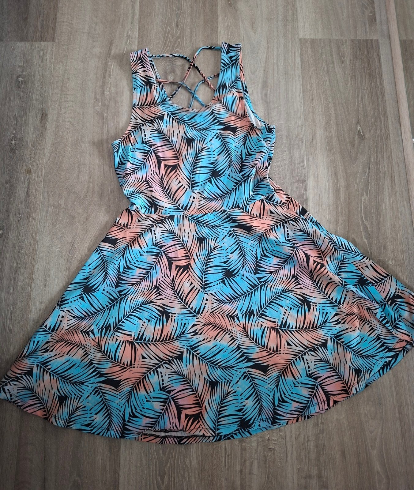 Zomerjurkje met palmbladprint en gekruiste rug, Maat 38/40 (M), Blauw, Ophalen of Verzenden, Zo goed als nieuw