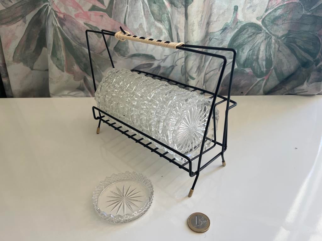 Vintage Glazen Onderzetters met Houder - Set van 11+1, Ophalen of Verzenden, Zo goed als nieuw