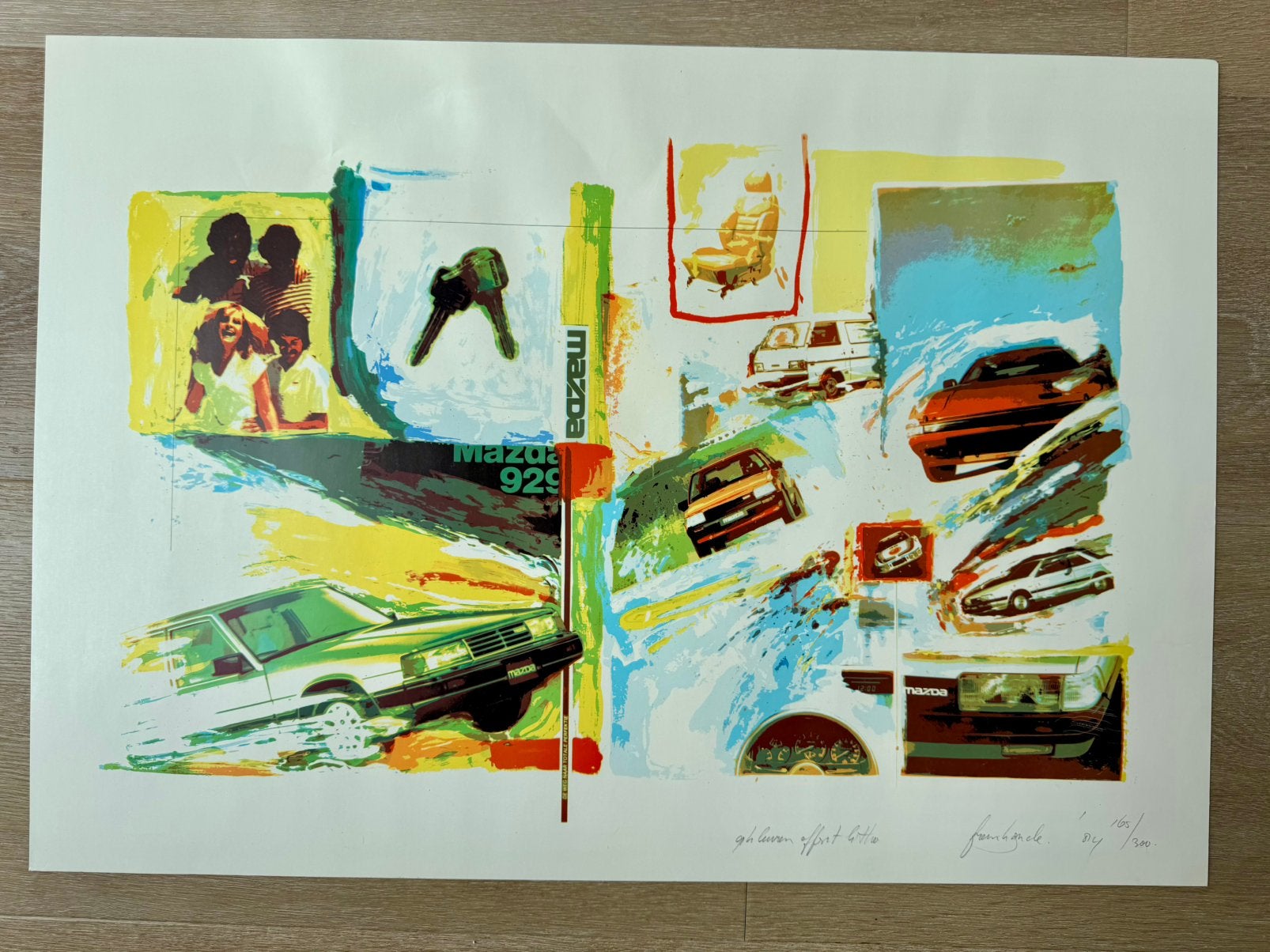 Litho met een collage van Mazda 929 Frank Gude, Sport, Genummerd, Ophalen of Verzenden, Lithografie