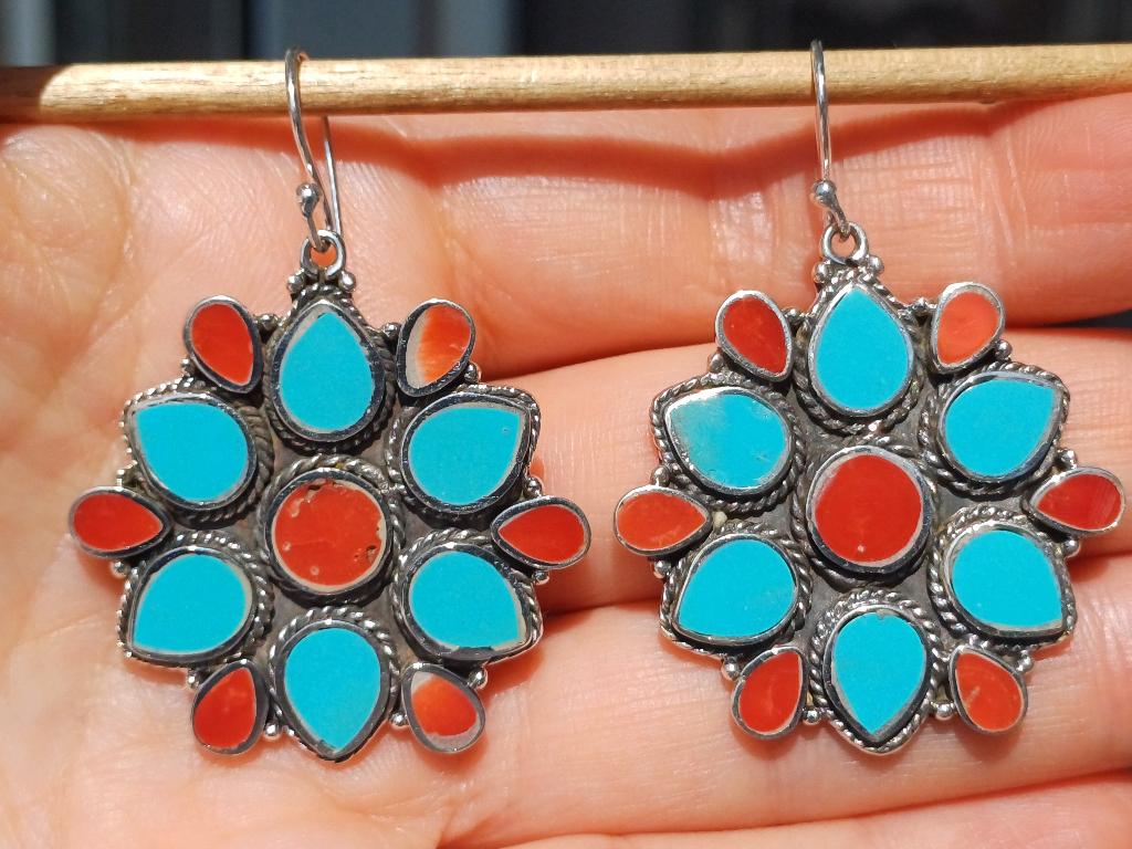 Vanoli 925 zilveren oorbellen met turquoise en bloedkoraal, Daiva1973@hotmail.com, Hangers, Vanoli, Overige kleuren
