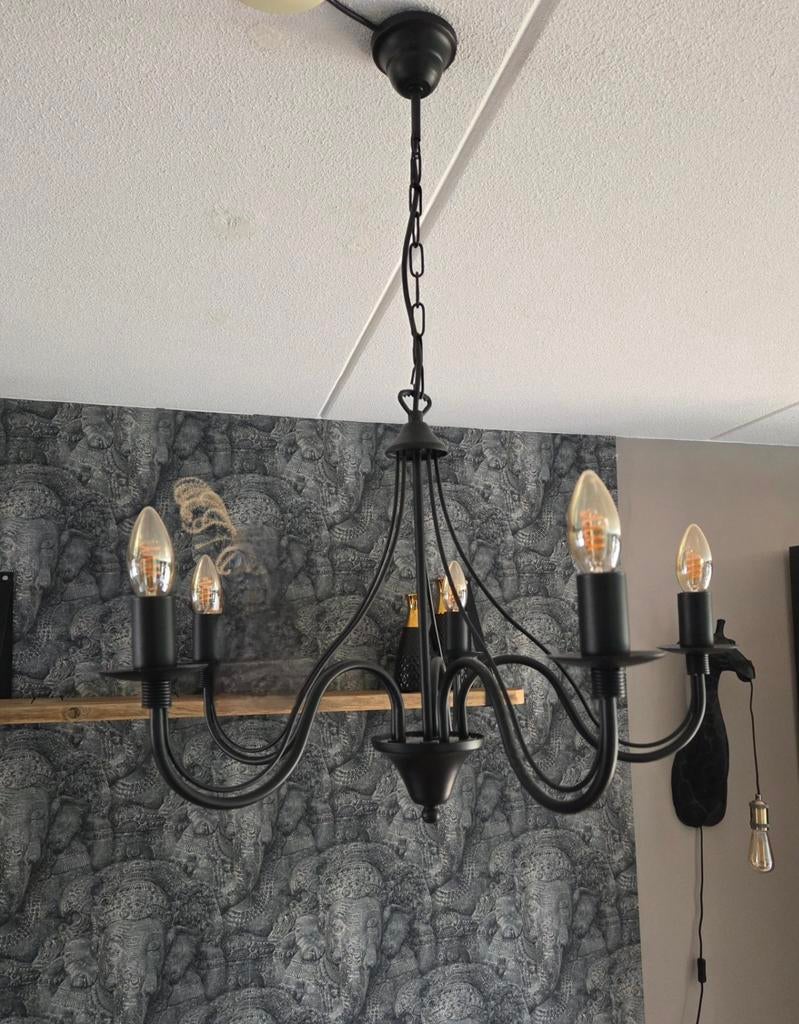 Zwarte hanglamp met 5 dimbare lichtpunten, Huis en Inrichting, Lampen | Hanglampen, Ophalen, 50 tot 75 cm, Zo goed als nieuw, Metaal