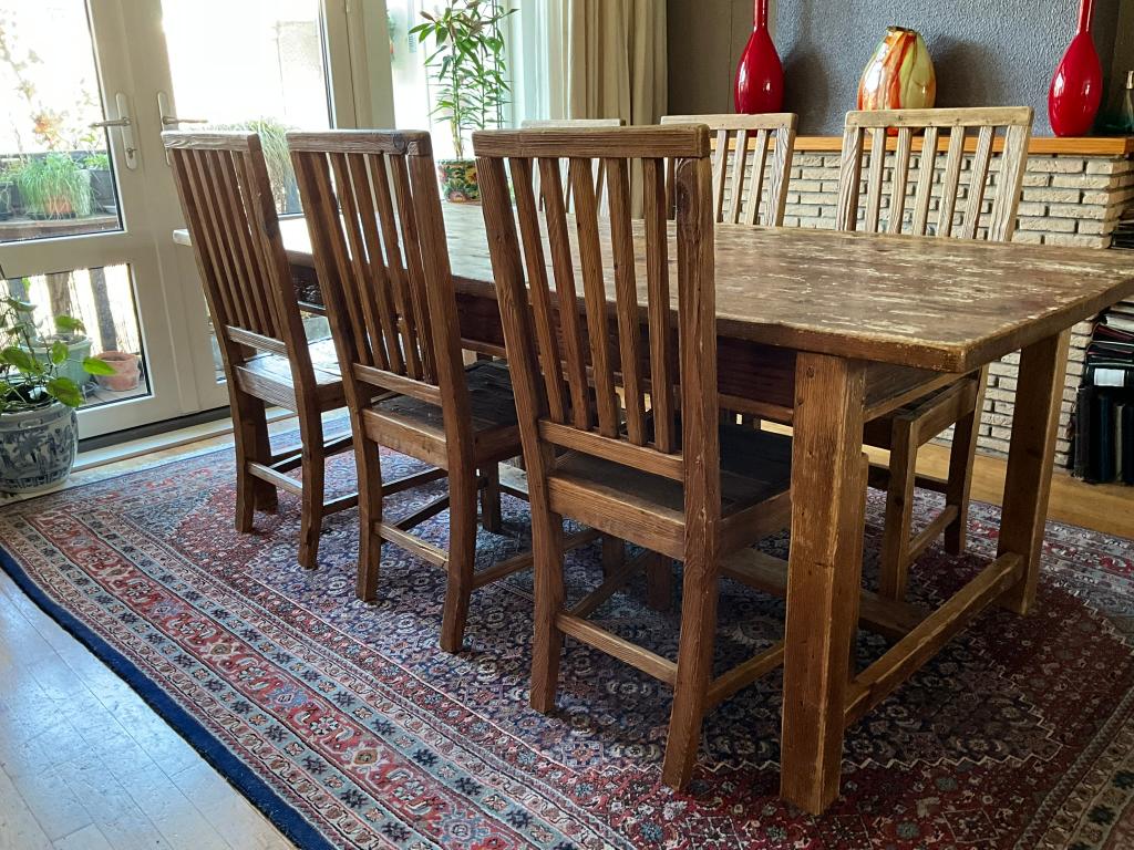 Oud Grenen Eetkamertafel met 6 Stoelen, Huis en Inrichting, Tafels | Eettafels, Ophalen, Gebruikt, 200 cm of meer, 50 tot 100 cm