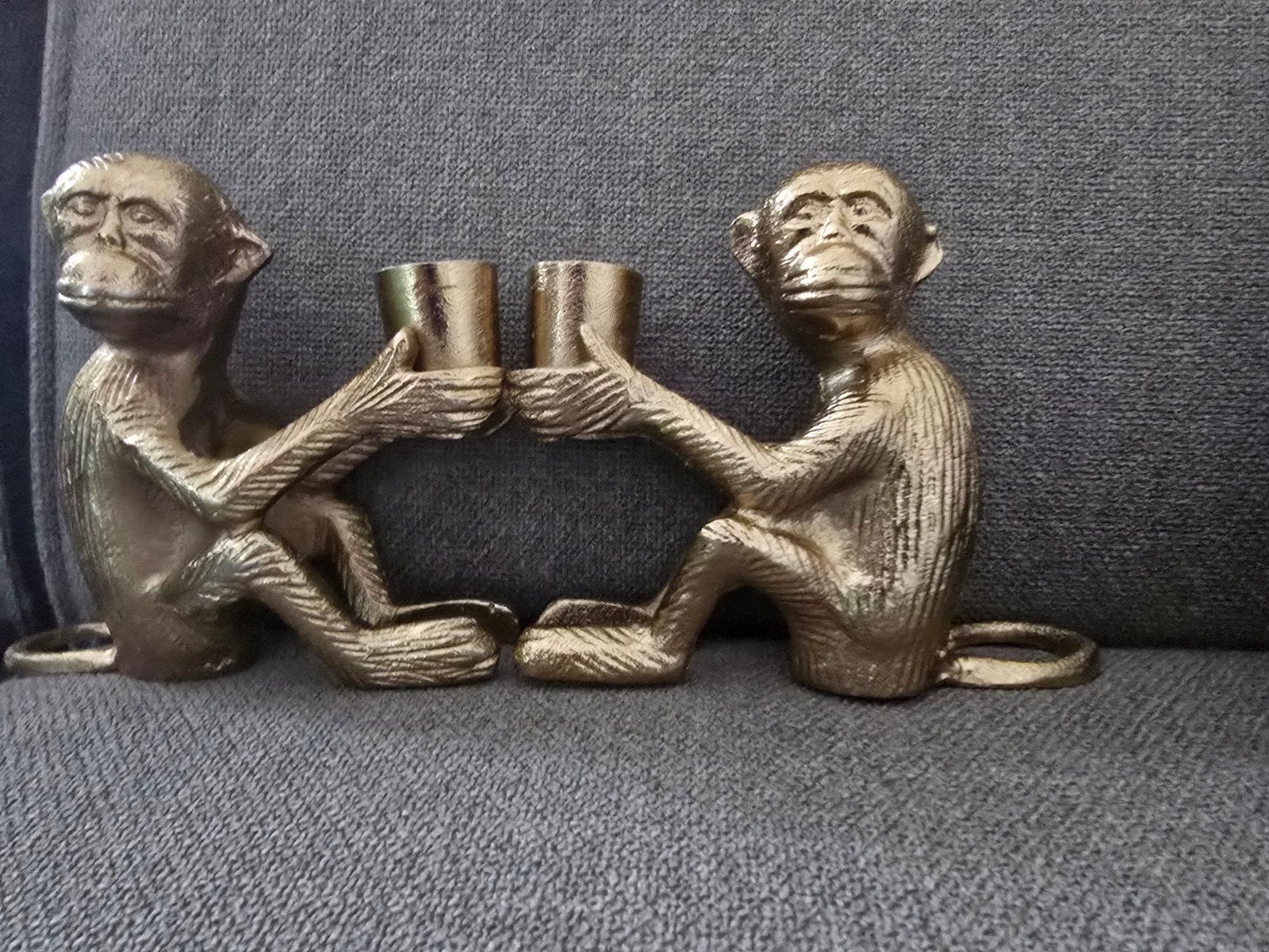 Gouden aapjes kandelaars - set van 2, Ophalen of Verzenden, Gebruikt, Metaal, Kandelaar