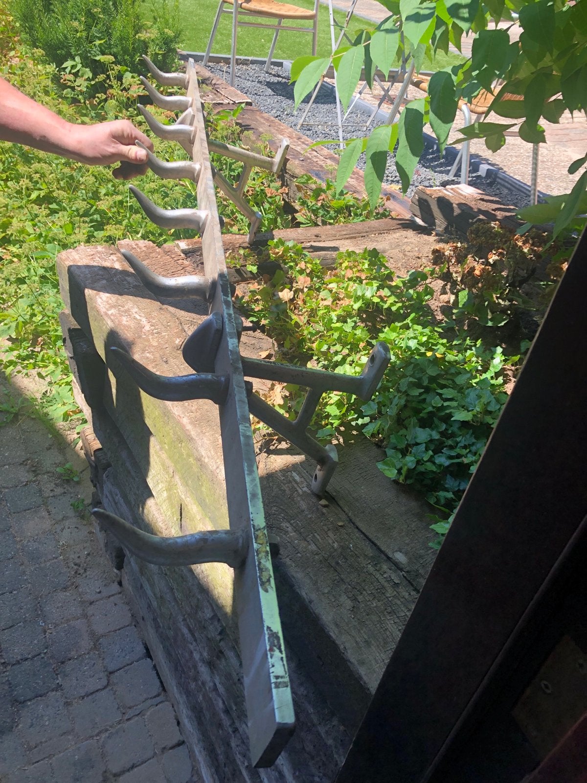Prachtig groot oud RVS slagersrek met haken, Ophalen