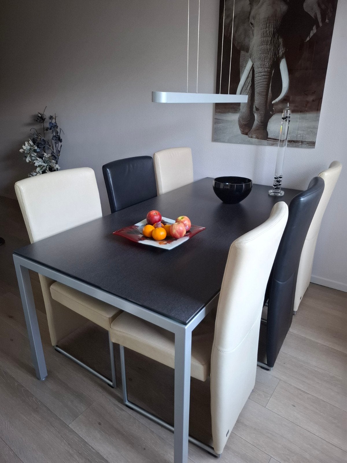 Eettafel met 6 stoelen - Modern design, Ophalen, Gebruikt, Zwart, Leer