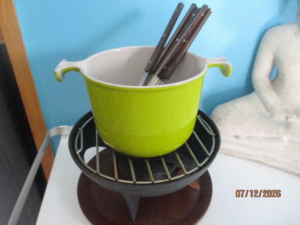 vintage creuset fonduepan enzo mari limoengroen, Gebruikt, Gietijzer, Le Creuset, Ophalen of Verzenden
