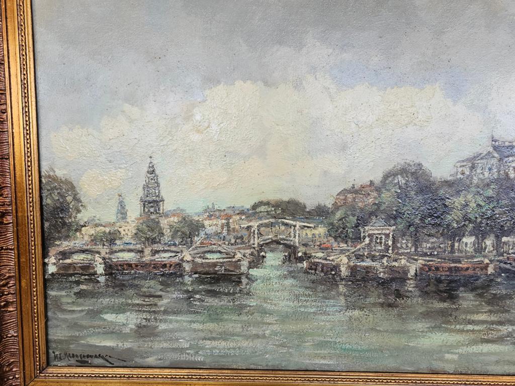 Schilderij: Amsterdamse Haven Hotel - Olieverf op doek, Antiek en Kunst, Ophalen of Verzenden