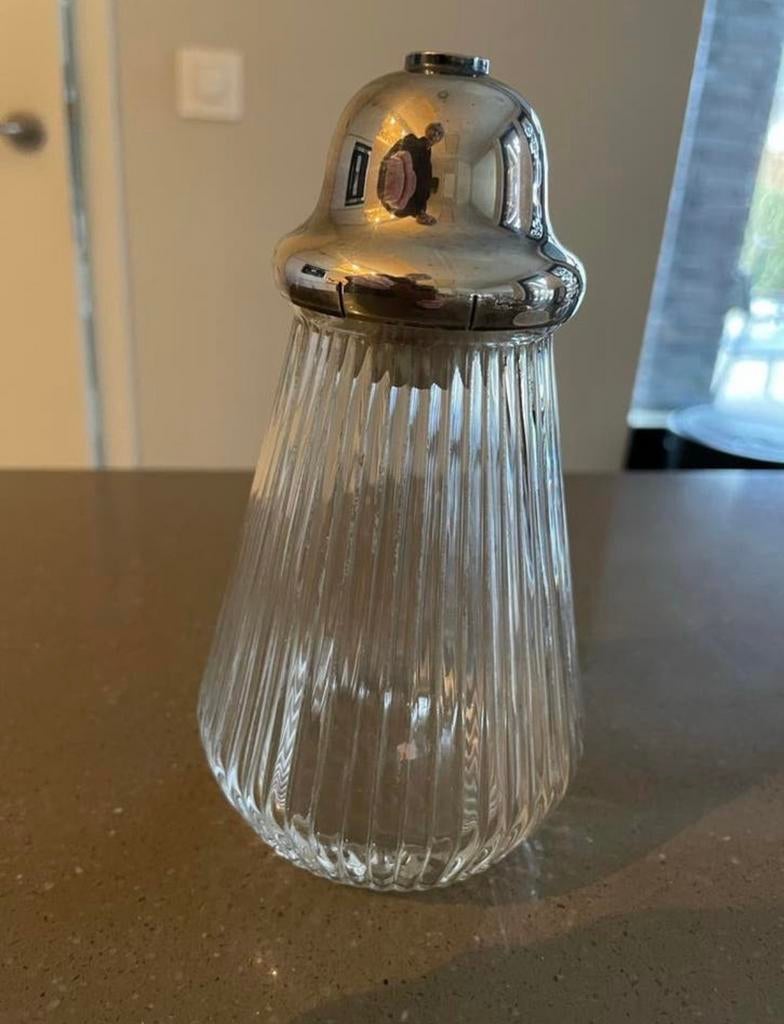Vintage glazen suikerstrooier met zilverkleurige dop, Ophalen of Verzenden