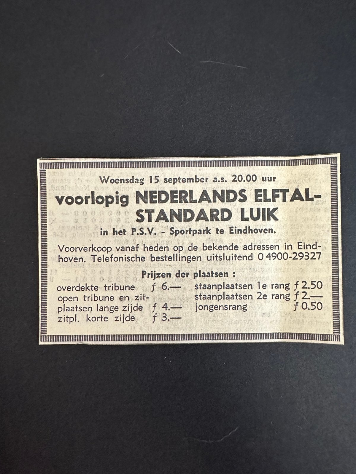 Voetbal reklame Voorlopig Nederlands elftal Standard Luik 65, Verzamelen, Ophalen of Verzenden, Knipsel(s)