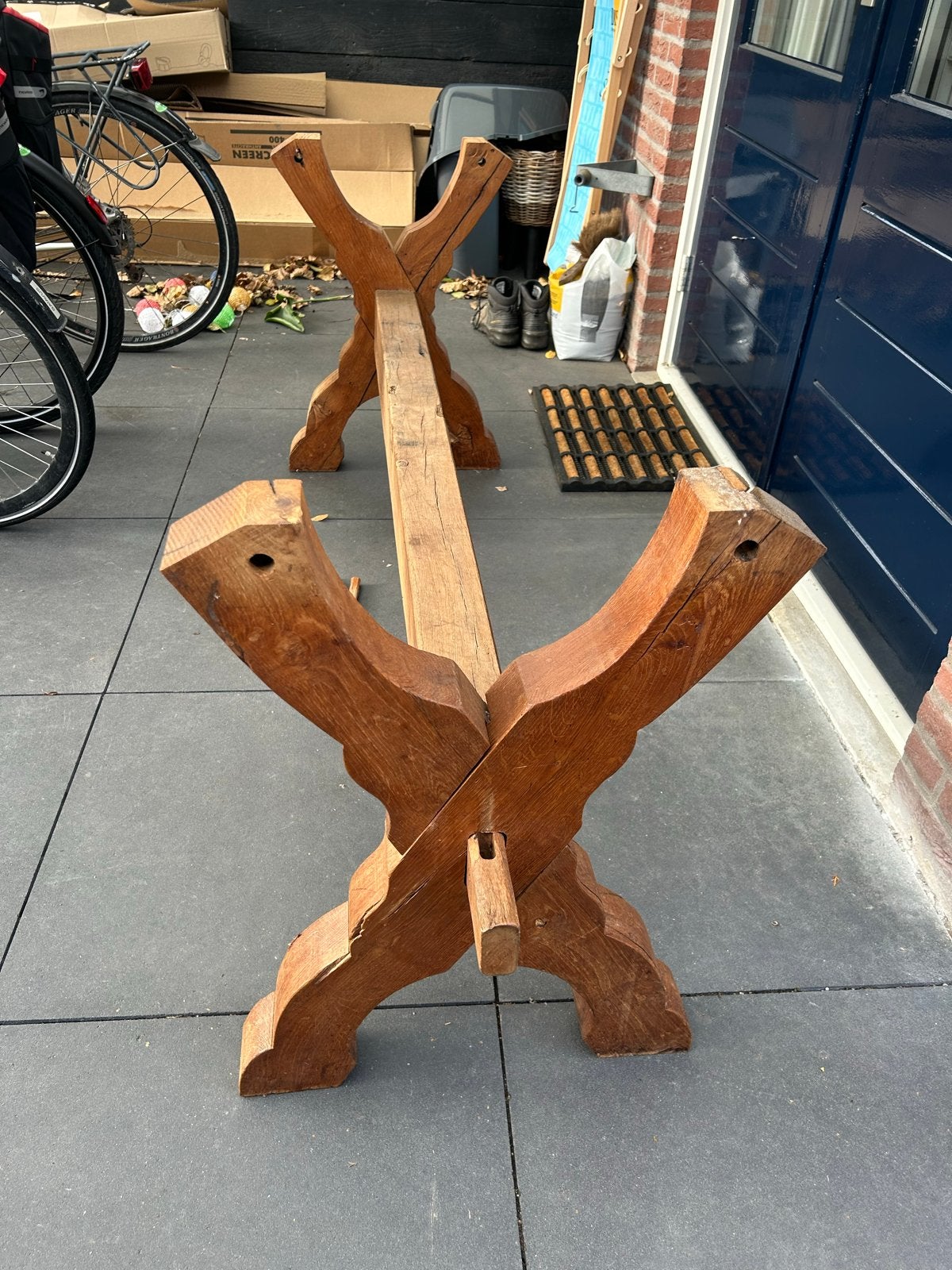 Robuuste eikenhouten tafelpoten - kruispoot onderstel, Ophalen, 50 – 75, Gebruikt, 100 tot 150 cm