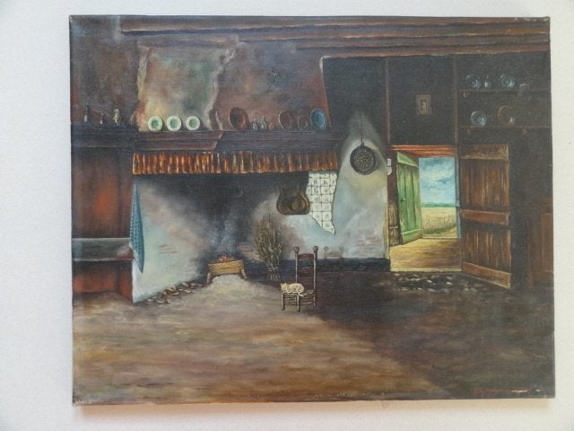 Olieverfschilderij, boereninterieur, haard, kat, korenveld, Nederlandse school, Olieverf, Overige onderwerpen, Gesigneerd