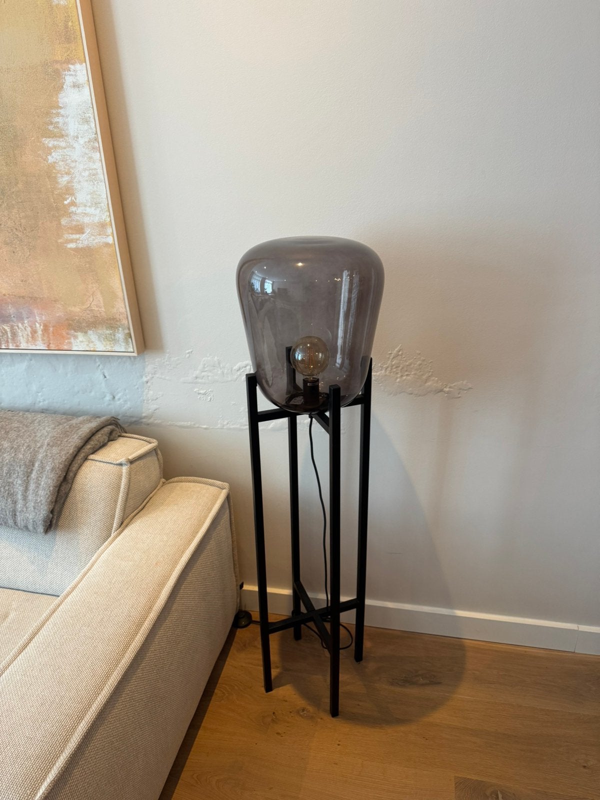 Vloerlamp van rookglas en gunmetal, Ophalen, Gebruikt, 100 tot 150 cm, E27 (groot)