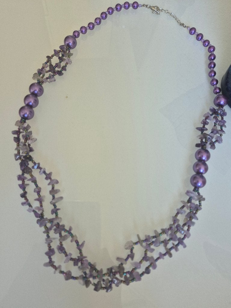 Handcrafted Amethist & Parel Statement Ketting opera stijl, Ophalen of Verzenden, Zo goed als nieuw, Paars, Steen of Mineraal