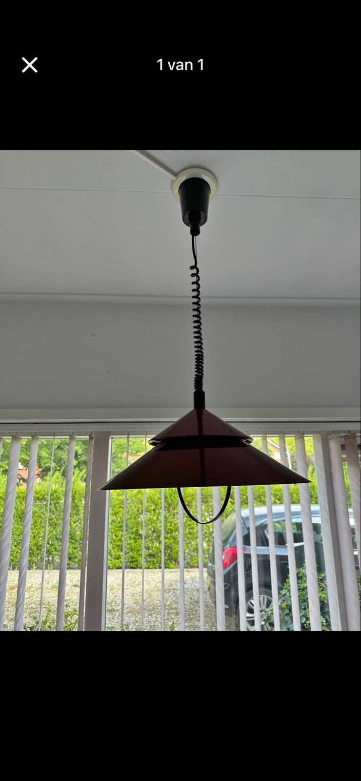 Vintage hanglamp met trekveer - Rood metaal, Ophalen, Gebruikt, Metaal, E27 (groot)