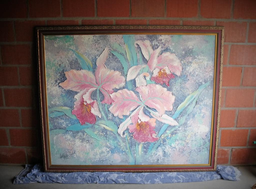 Lee Reynolds groot bloemenschilderij met houten kader, Ophalen