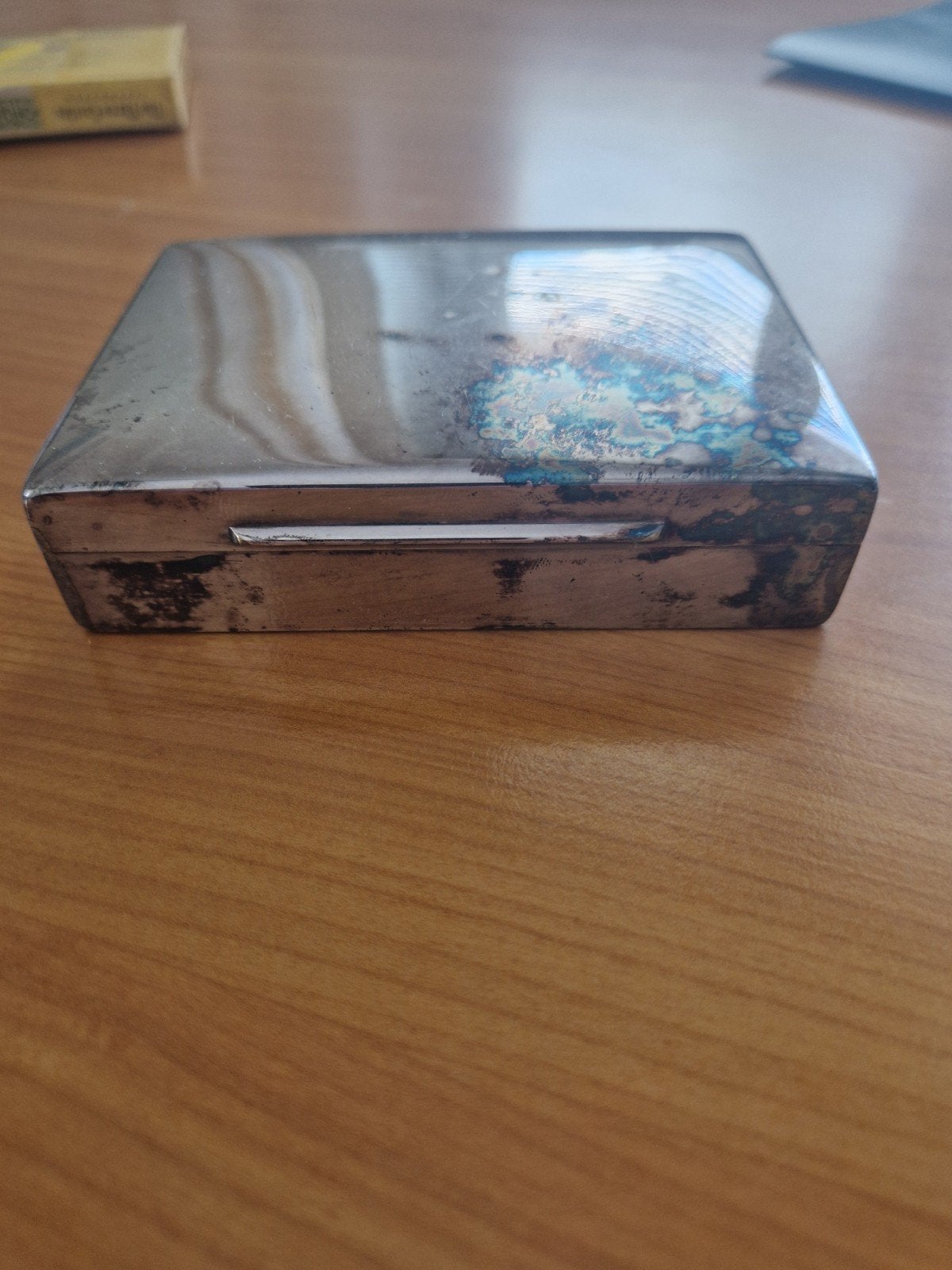 Antieke verzilverde sigarettendoos met houten binnenkant, Ophalen of Verzenden
