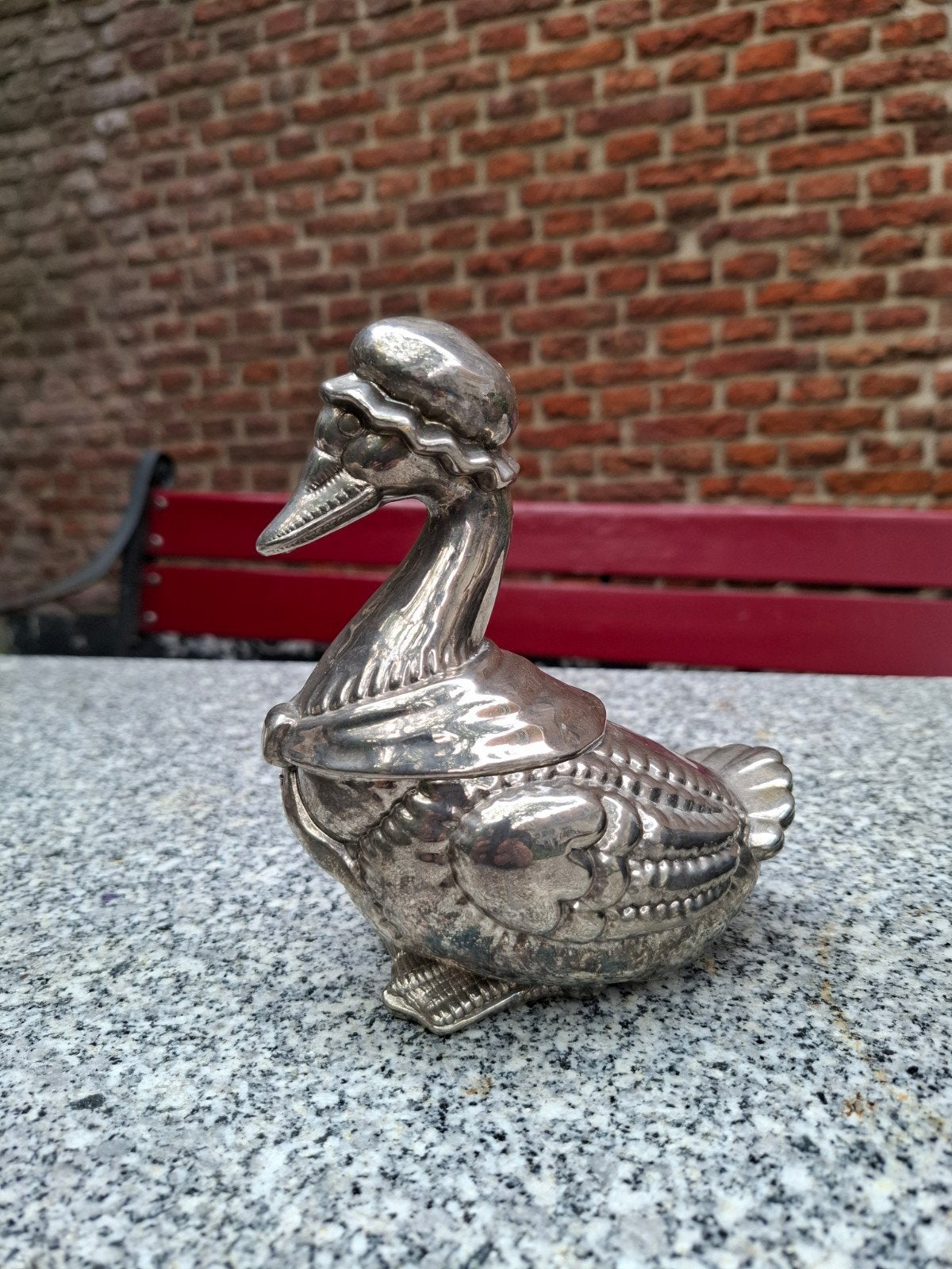 Spaarpot Moeder de Gans verzilverd, Verzamelen, Spaarpotten, Ophalen of Verzenden, Zo goed als nieuw, Metaal of Blik, Dier