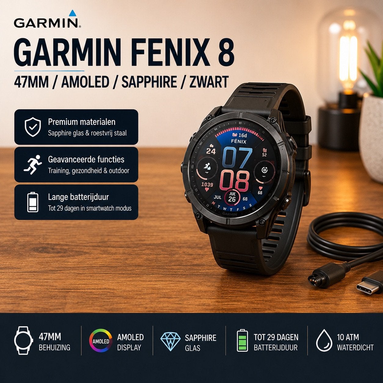 Garmin Fenix 8 / 47mm / Amoled / Sapphire / Zwart, Ophalen, Zwart, Garmin, Zo goed als nieuw