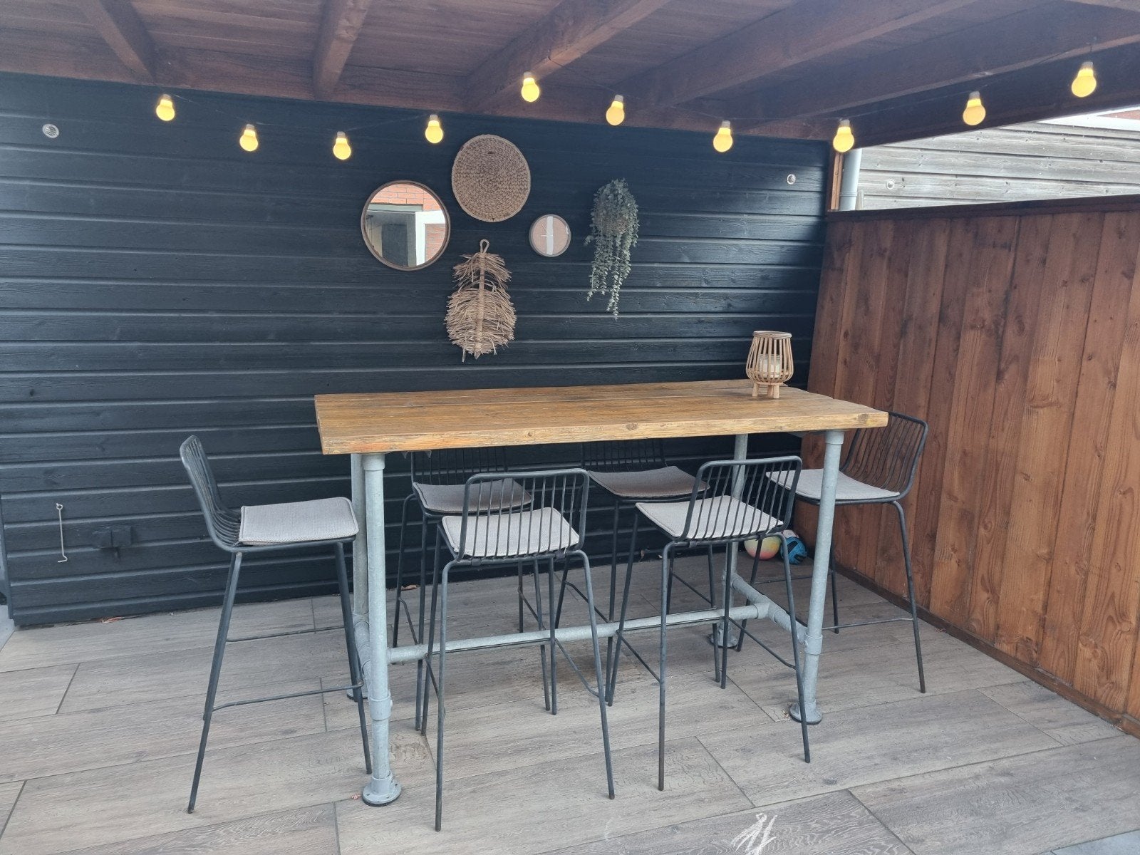 Stevige bartafel met 6 barkrukken, Tuin en Terras, Tuintafels, Ophalen, Gebruikt, Rechthoekig, Hout
