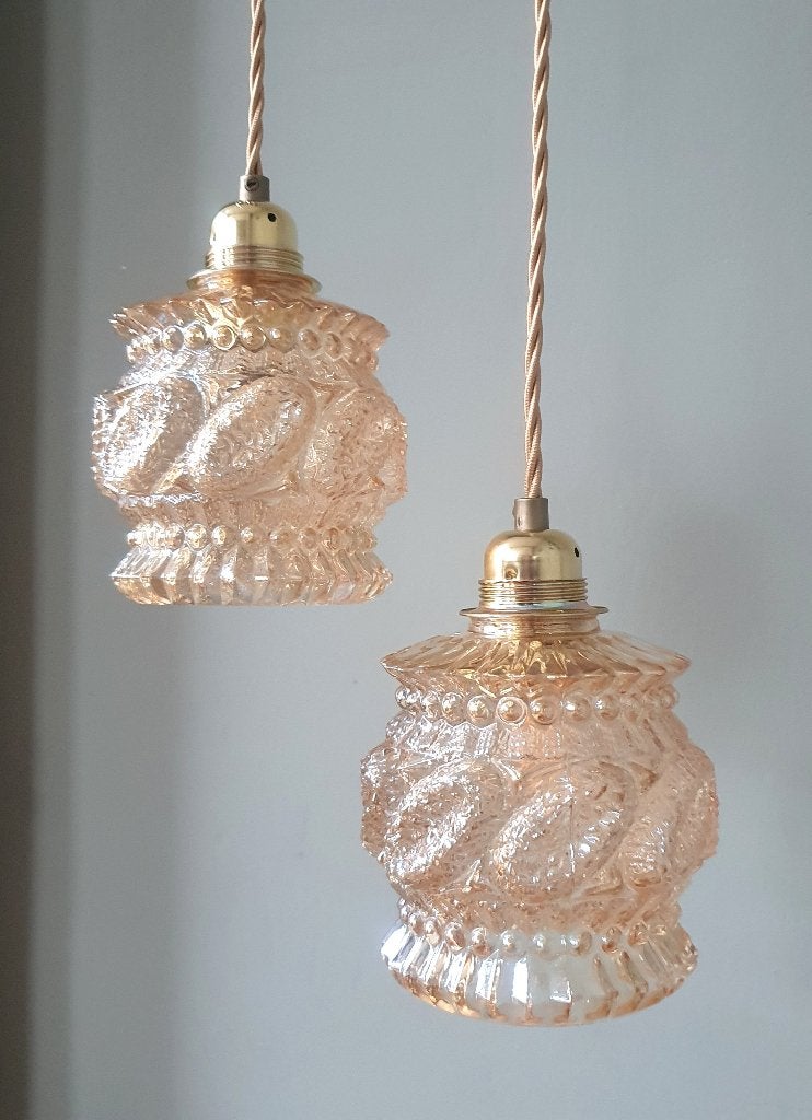 Set Vintage Amber / Rosé hanglampen - midcentury, E14 (klein), Ophalen of Verzenden, Zo goed als nieuw, Glas