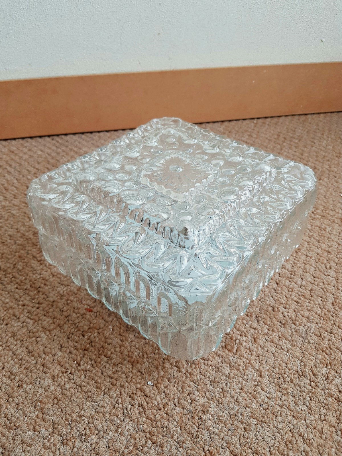 Vintage retro plafondlamp reliëf glas vierkant (met schade), Ophalen of Verzenden, Huis en Inrichting