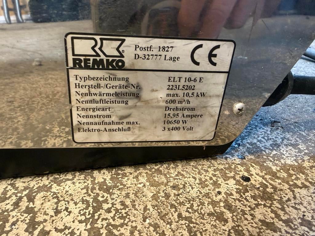 Remko ELT 10-6 E Werkplaatskachel 380V - 10.5 kW, Gebruikt, Overige soorten, Elektrisch, Ophalen of Verzenden