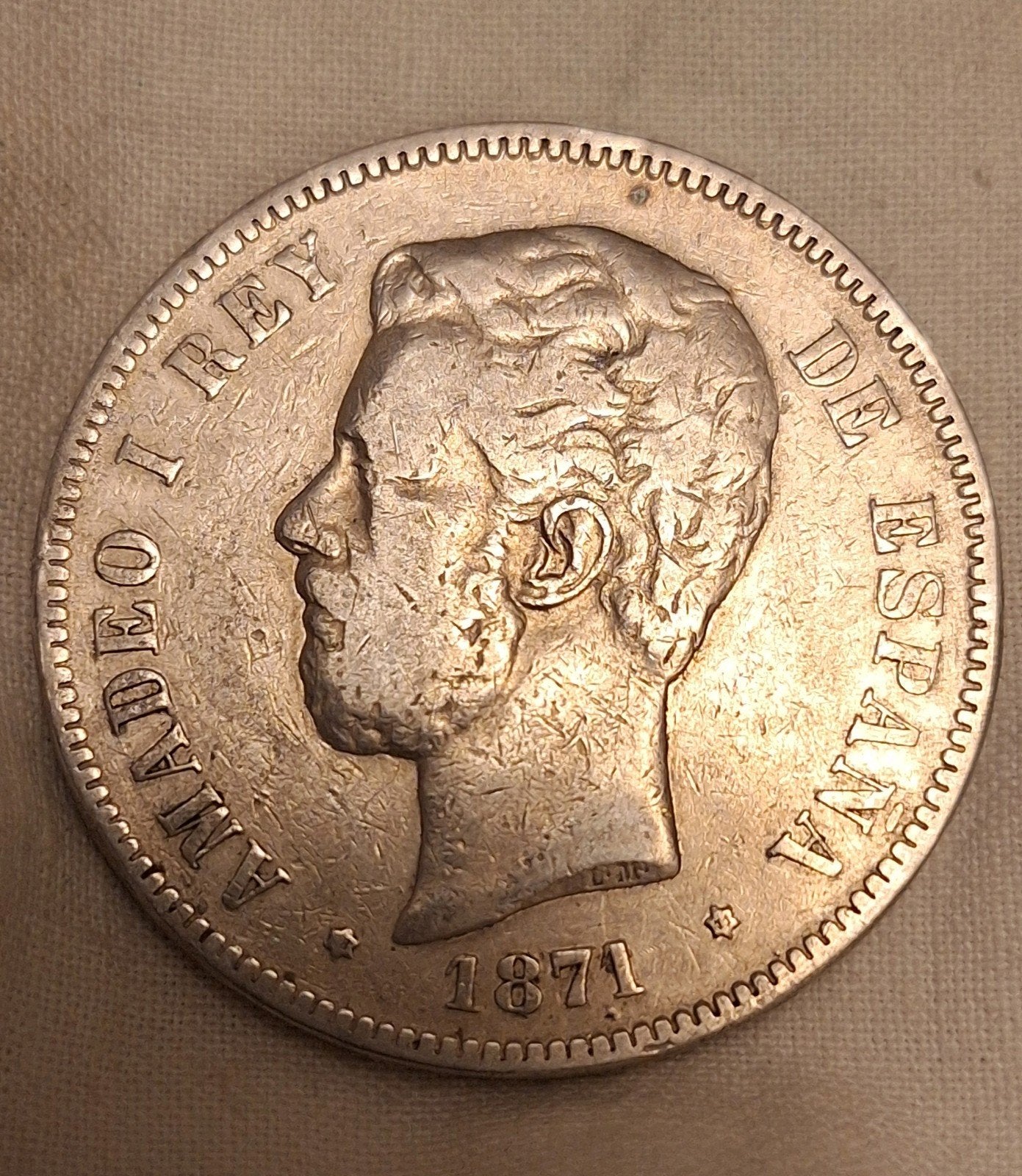 Authentieke Zilveren 5 Pesetas 1871 Spanje – Amadeo I, Verzenden, Zilver