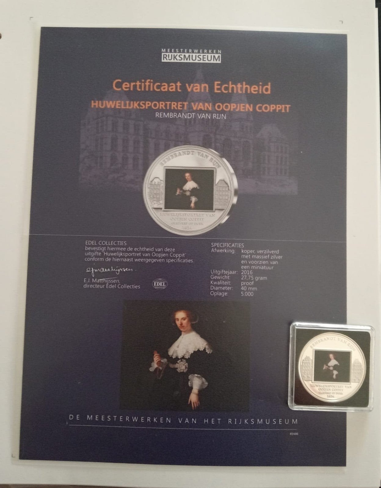 Rembrandt v Rijn Meesterwerken Rijksmuseum munt met certific, Ophalen of Verzenden, Koningin Beatrix, Setje, Geboorte of Huwelijk