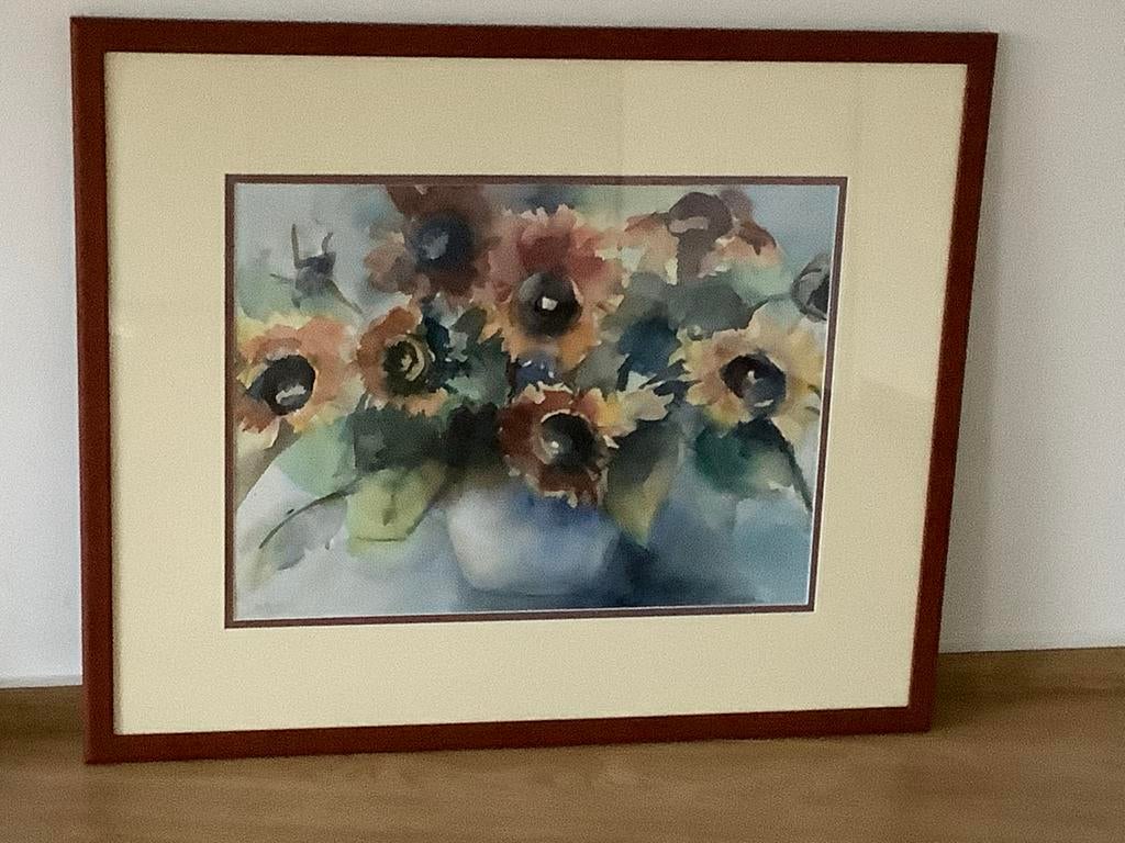 Ingelijste aquarel: Zonnebloemen in vaas, Ophalen