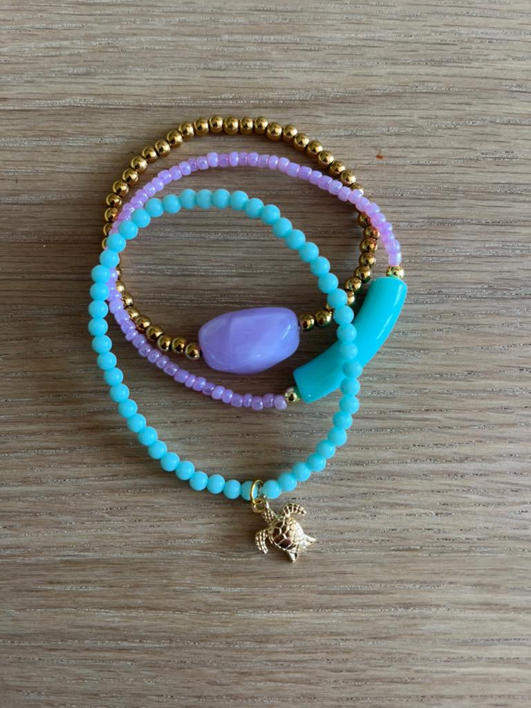 Ibiza armbanden set lila goud blauw, Sieraden, Tassen en Uiterlijk, Armbanden, Ophalen of Verzenden, Nieuw, Blauw