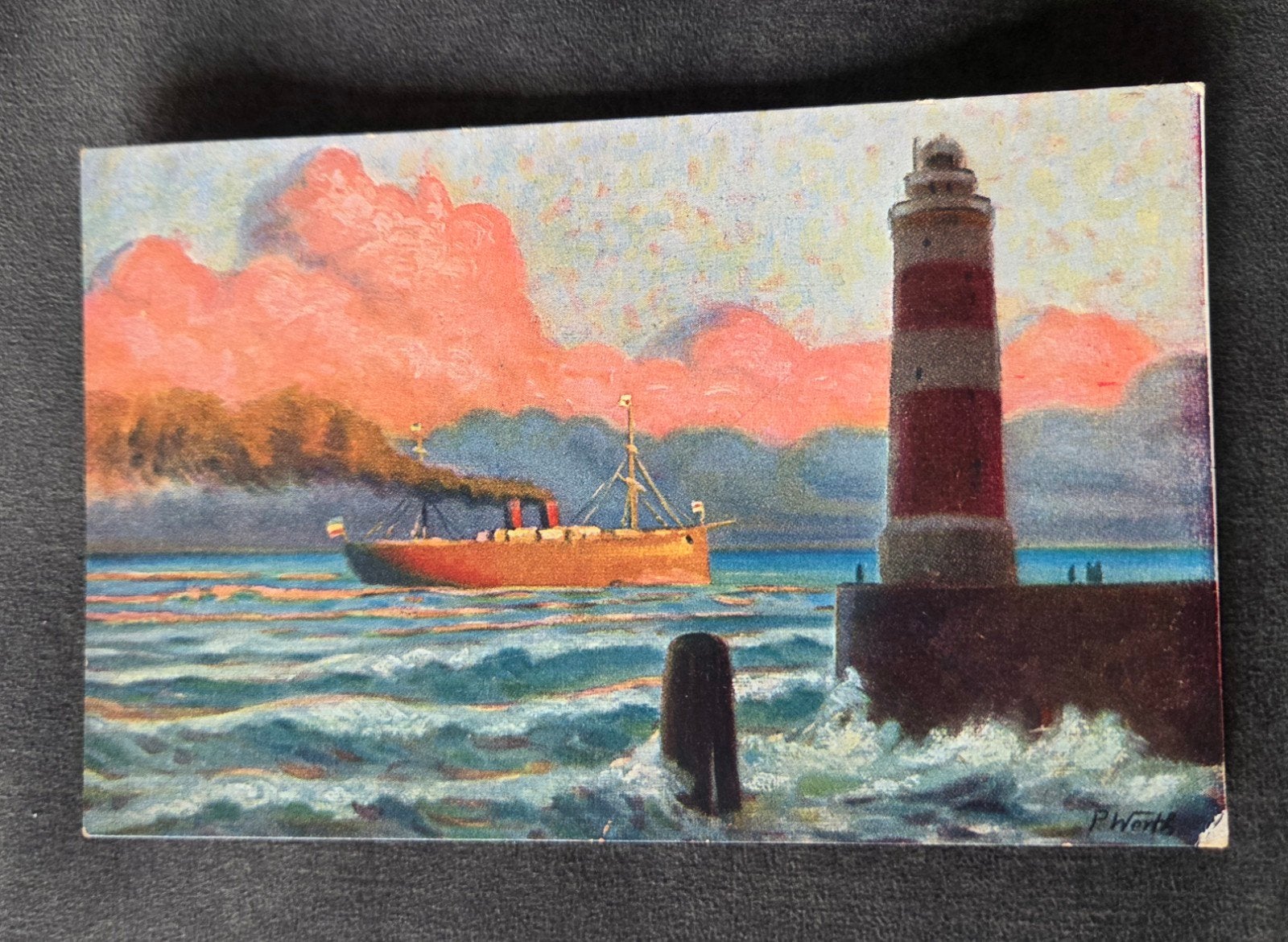 Schip en Vuurtoren bij Zonsondergang, Verzenden, Ongelopen, Overige thema's