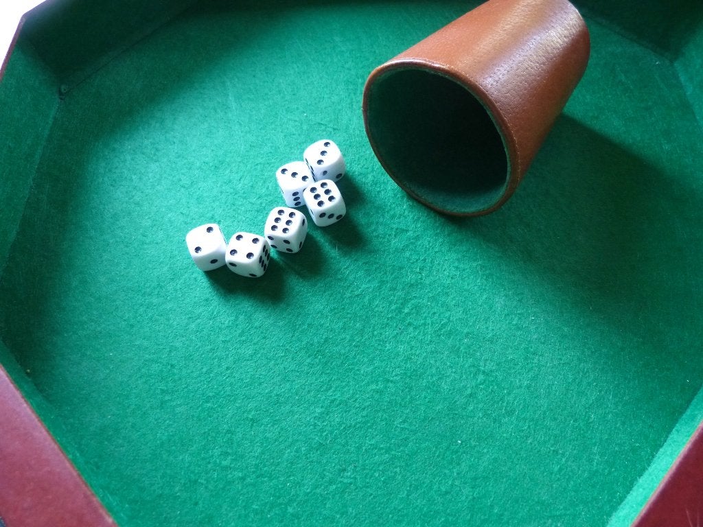 dobbelbak met beker en 6 dobbelstenen, Ophalen of Verzenden, Gebruikt