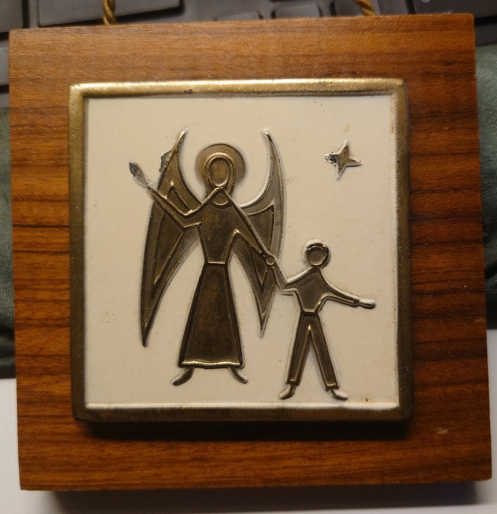 ~1950 Bronzen / emaille Kerst- engel met kind en ster, Minder dan 20 cm, Geglazuurd, Art deco, Ophalen of Verzenden