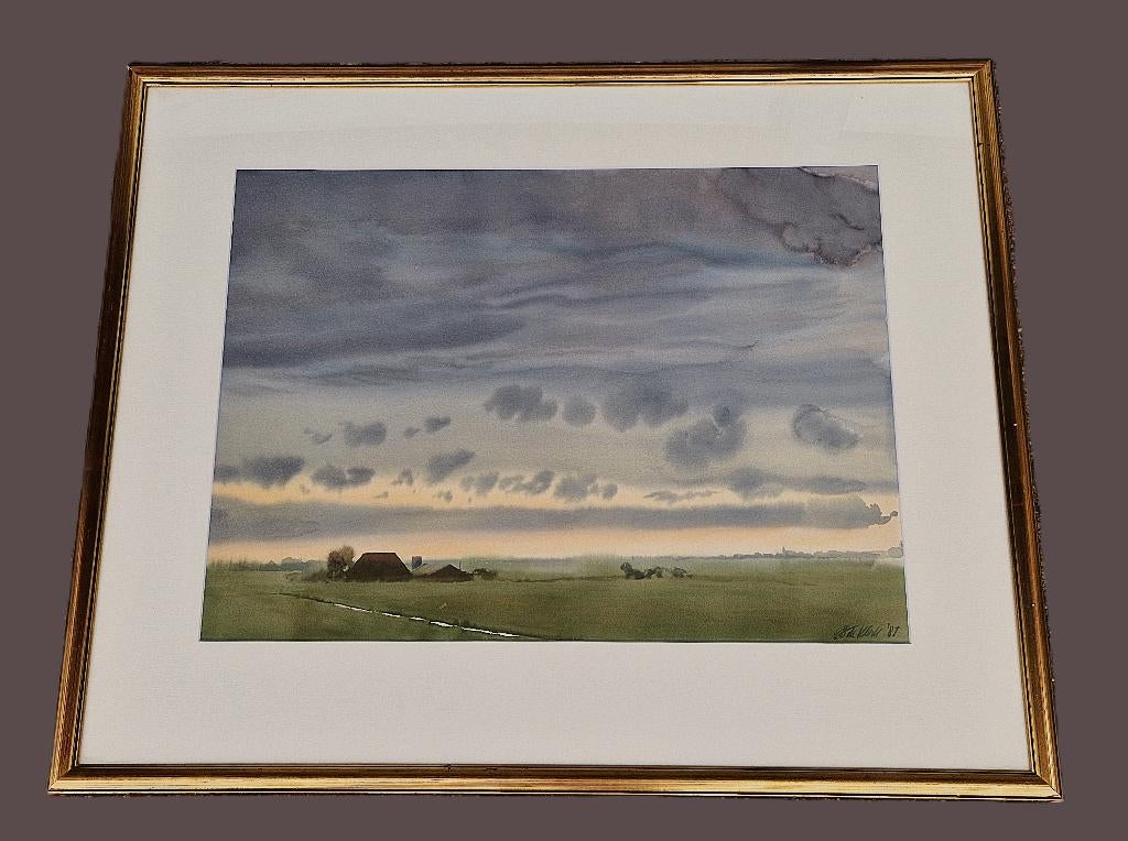 thomas de Klerk (1944-) grote aquarel "einde zomerdag", Ophalen of Verzenden