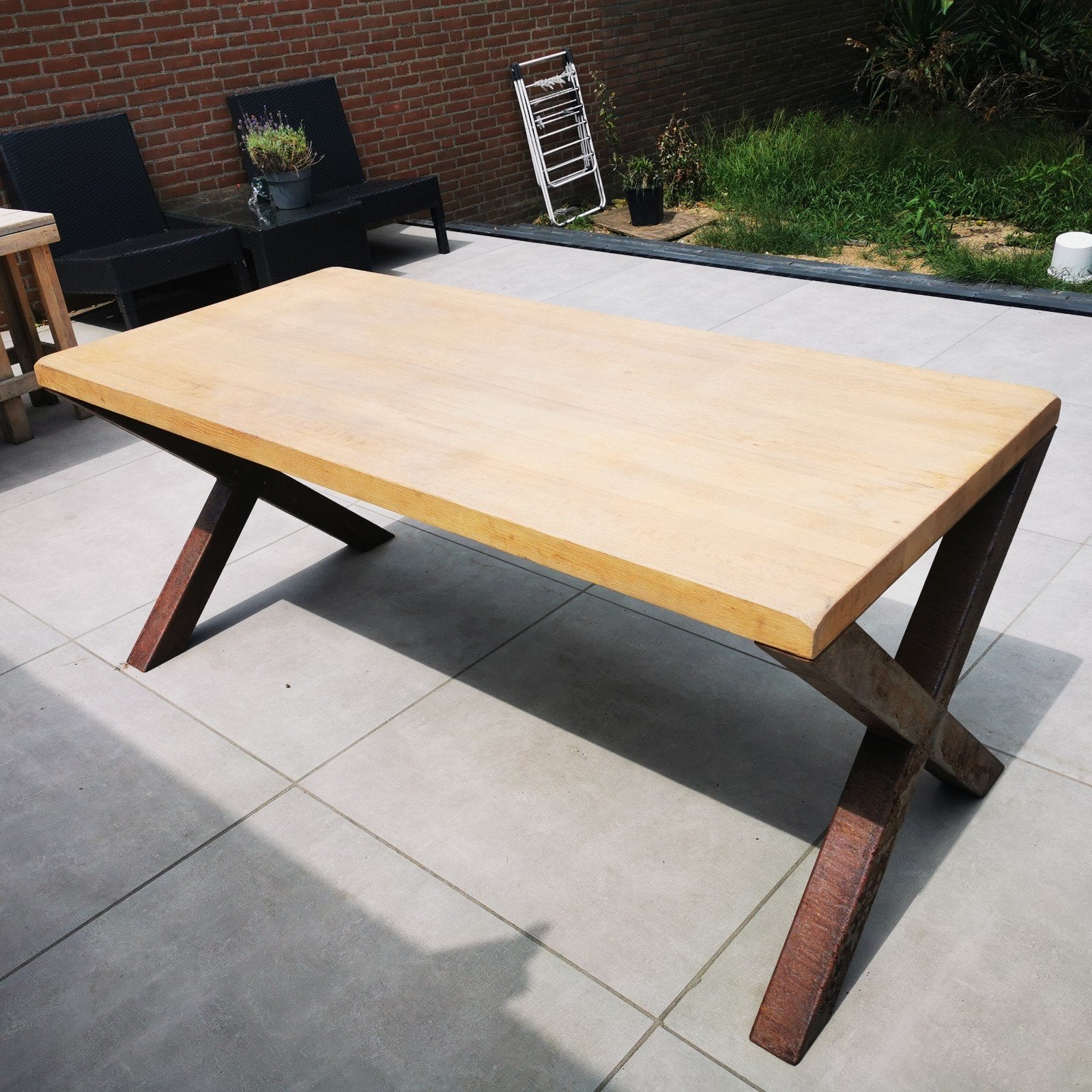 Eettafel 180x80x70 massief blad en corten staal X-poten, Ophalen, Overige materialen, 50 tot 100 cm, Zo goed als nieuw