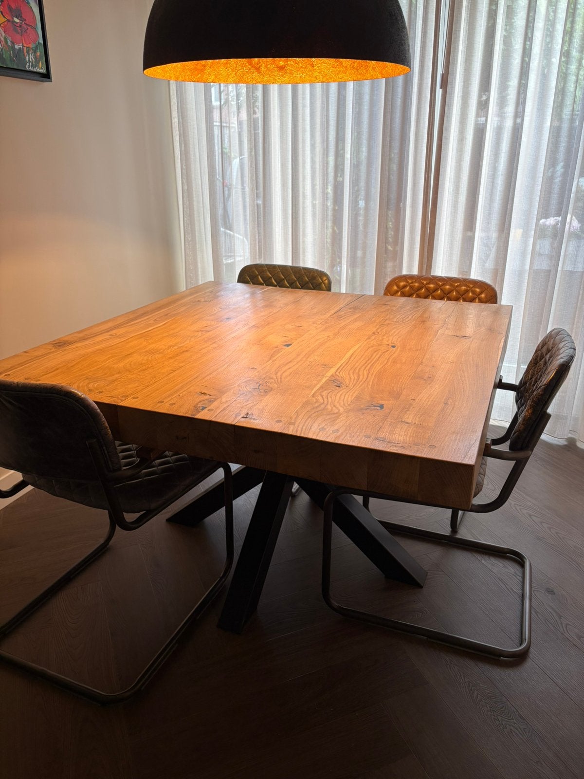 Prachtige vierkante massief eiken keukentafel, Ophalen, Gebruikt, Vijf personen of meer, 100 tot 150 cm