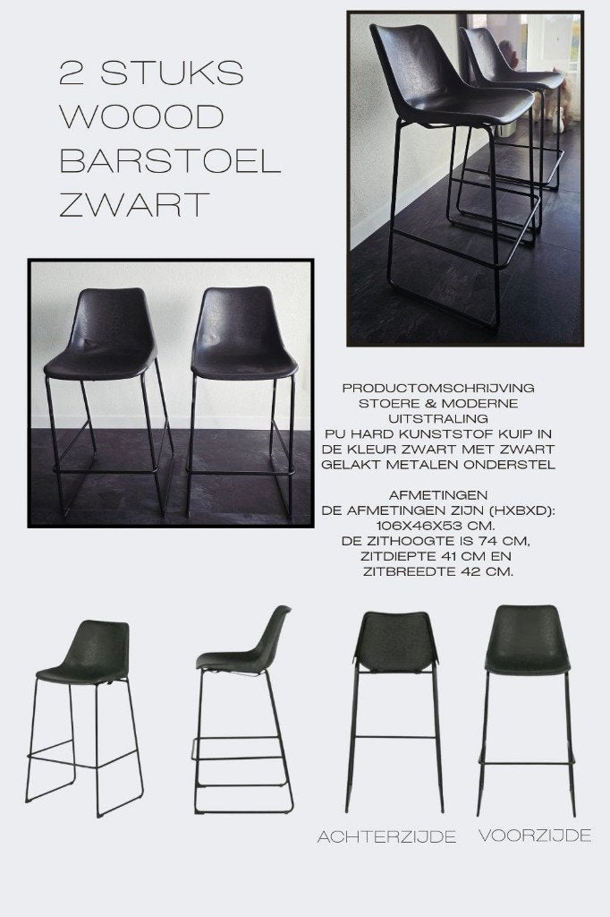 2x WOOOD Barkruk Zwart (Goede staat), Ophalen, Kunststof, Zo goed als nieuw, 90 cm of meer