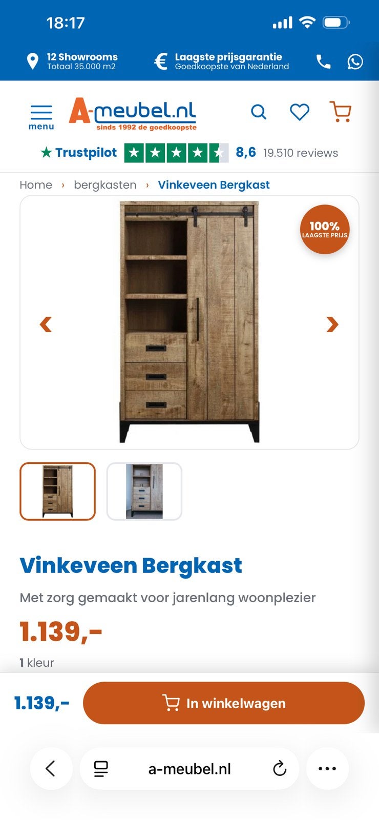 Bergkast wandkast type Vinkeveen, Ophalen, 100 tot 150 cm, Zo goed als nieuw, 150 tot 200 cm