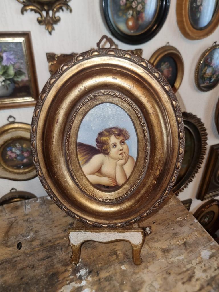 Oud olieverf schilderijtje olieverfschilderij engeltje  B10, Ophalen of Verzenden