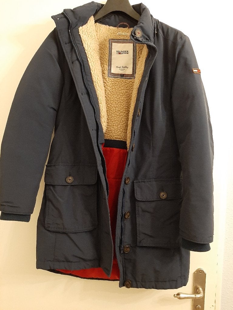 Tommy Hilfiger winterjas met kapuchon zgan maat S-M, Ophalen, Blauw, Zo goed als nieuw, Maat 36 (S)
