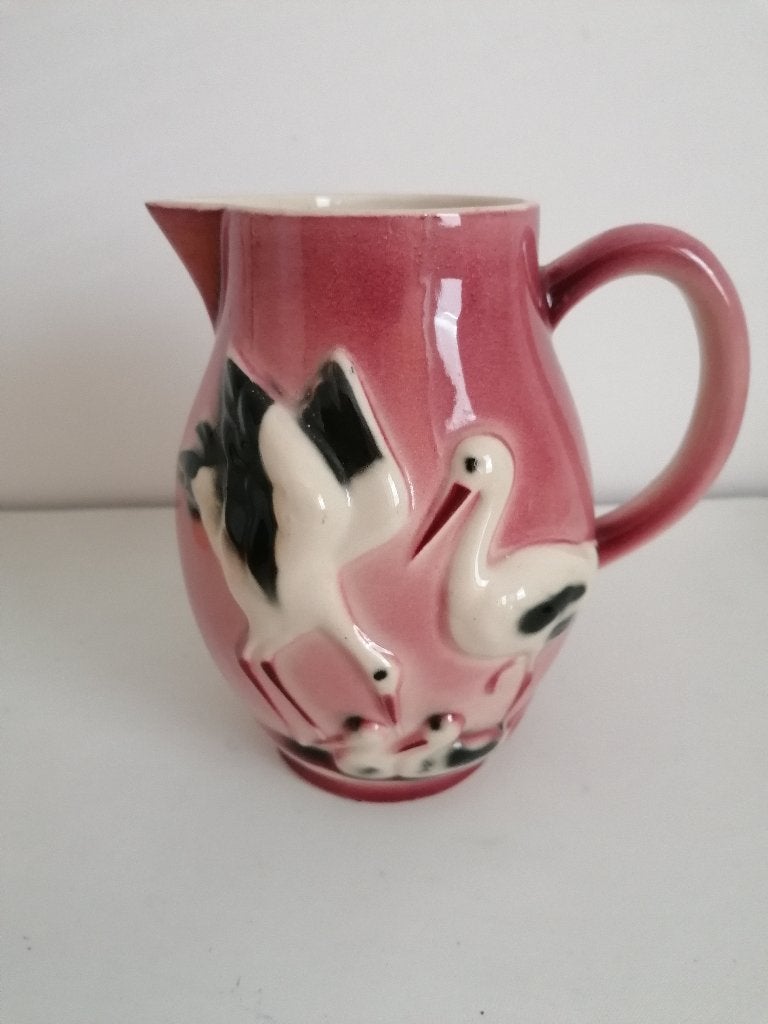 Frans brocante keramieke kan met afbeelding ooievaars roze, Ophalen of Verzenden
