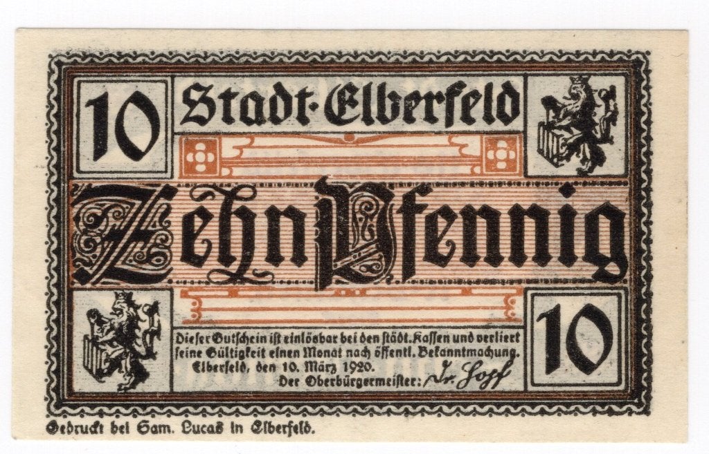 Duitsland noodgeld 10 Pfennig Elberfeld 1920, Verzenden, Duitsland